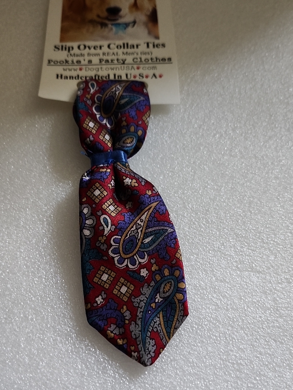 Hand Crafted Red and Blue Paisley Slip-Over Dog Collar Tie